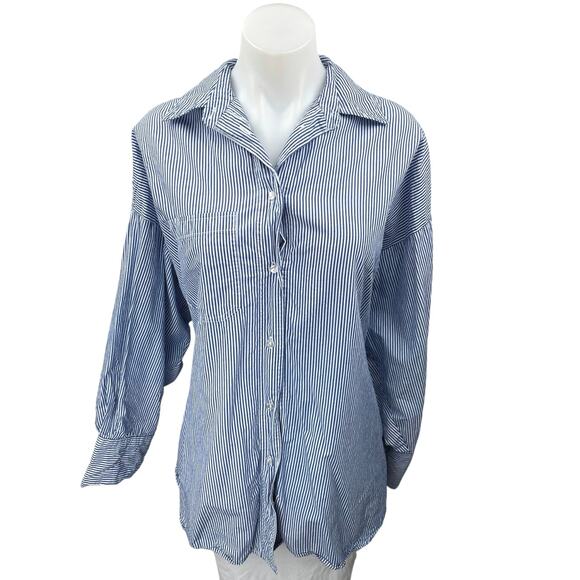 Stradivarius Women's Blue White Striped Long Sleeve Button Down Shirt Top Sz M - Picture 1 of 4